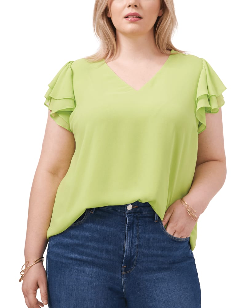 Front of a model wearing a size 0X Nora Flutter Sleeve Blouse in FRESH LIME-347 by 1.State. | dia_product_style_image_id:262674
